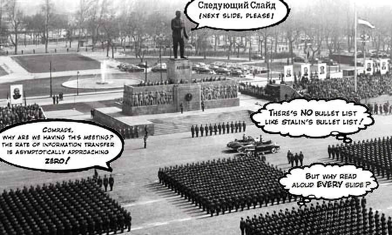 Tufte satirizes the totalitarian impact of PowerPoint slideware — a core symptom of the PowerPoint disease.